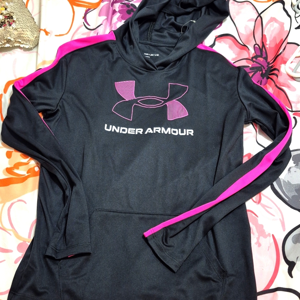 Under Armour Girl's Black and Pink Hooded Pullover Size Youth Medium